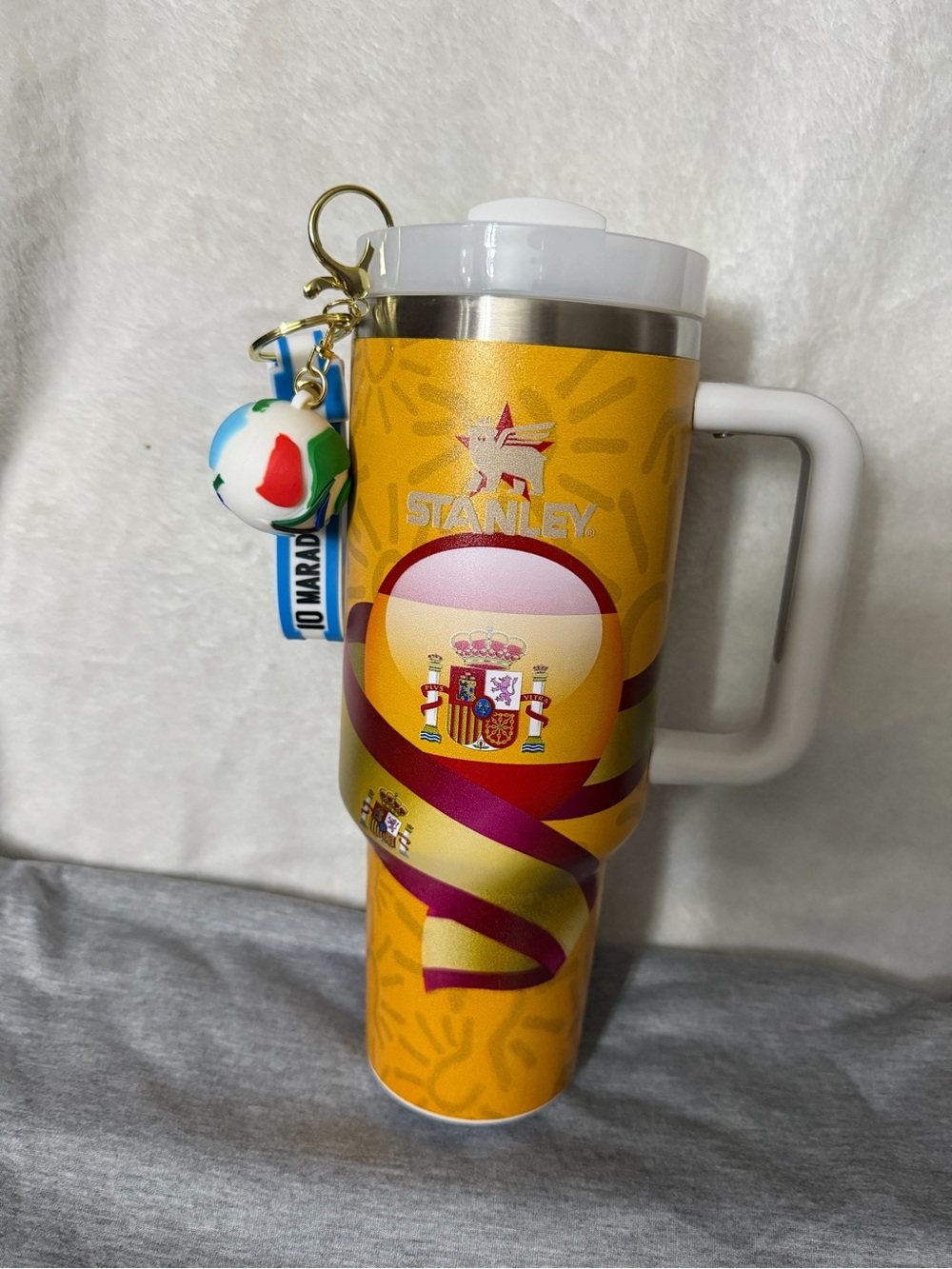 Stanley Yellow Travel Mug with Spain Crest and Flag Keychain